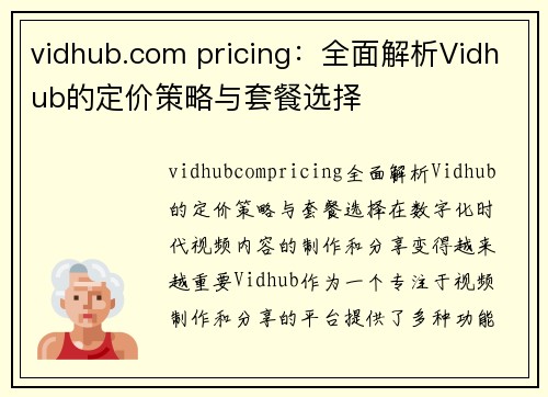 vidhub.com pricing：全面解析Vidhub的定价策略与套餐选择